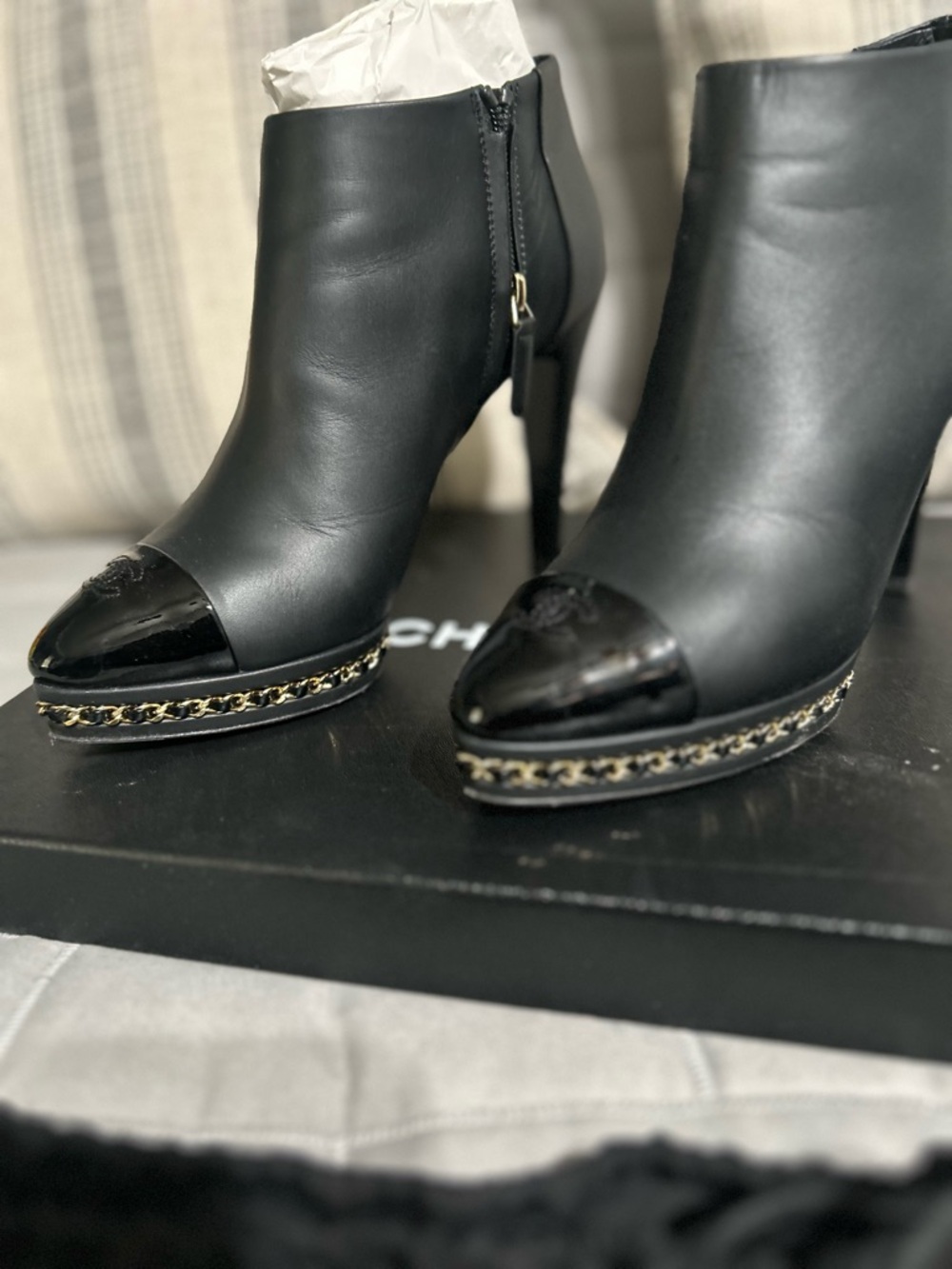 CHANEL Black Leather Peep-Toe Ankle Booties with Patent Cap Toe - Picture 6 of 8